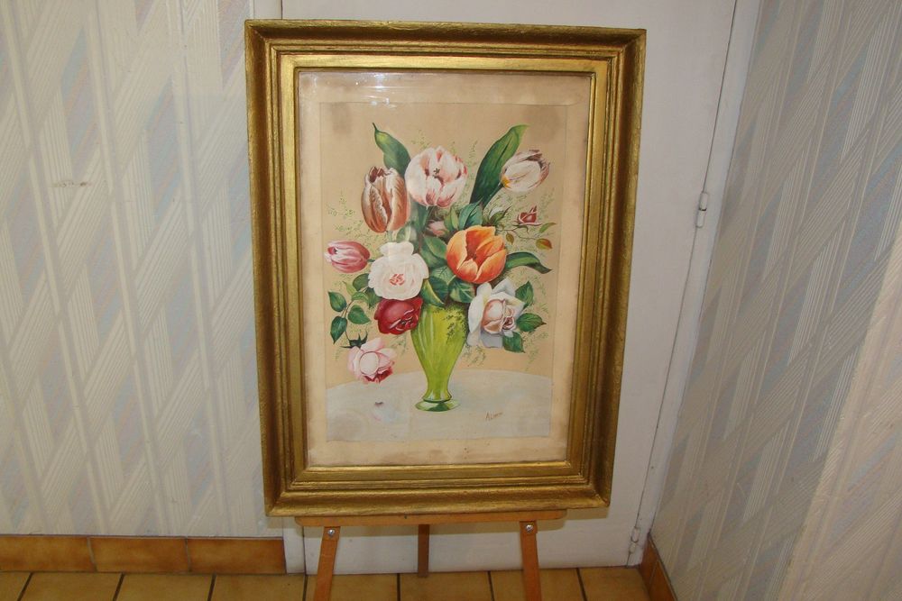 Tableau ancien sign&eacute; - aquarelle " Bouquet de fleurs " Décoration