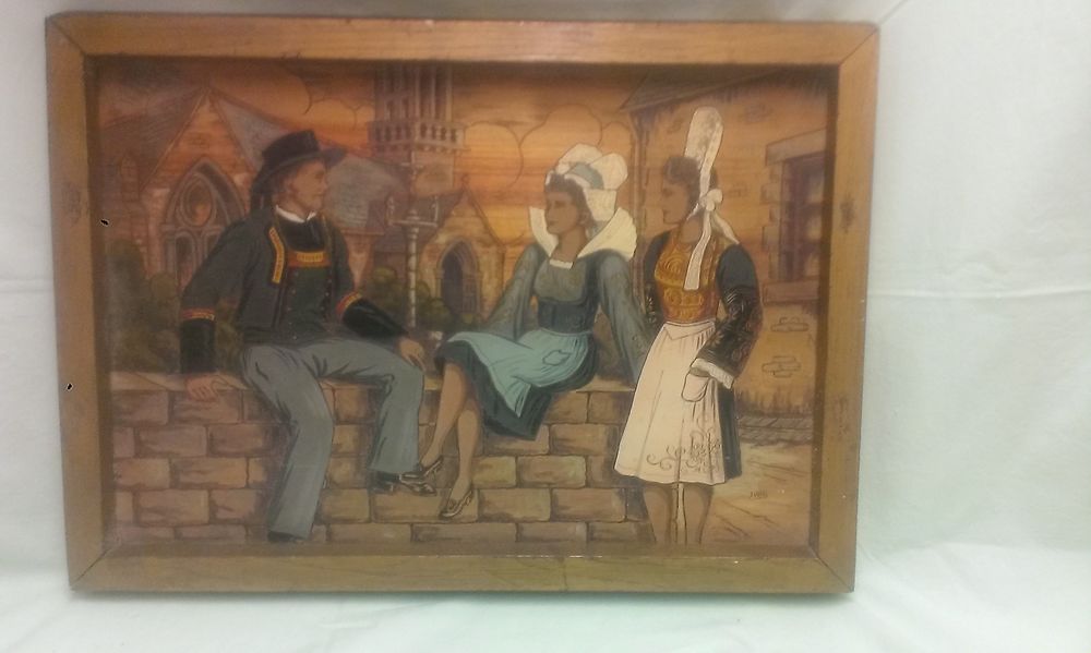 Tableau breton pyrograv&eacute; sur bois et peint Décoration