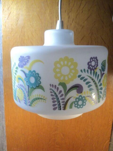 Ancienne Suspension Opaline Fleurs Vintage Annes 70 60 Loches (37)