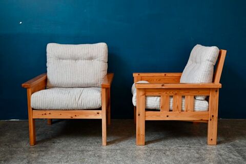 Paire de fauteuils de salon en pin 1970 style montagne 560 Wintzenheim (68)