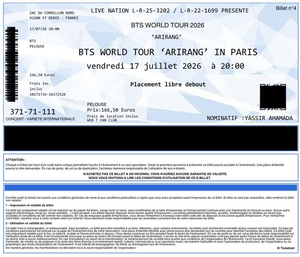 place de concert BTS Billetterie