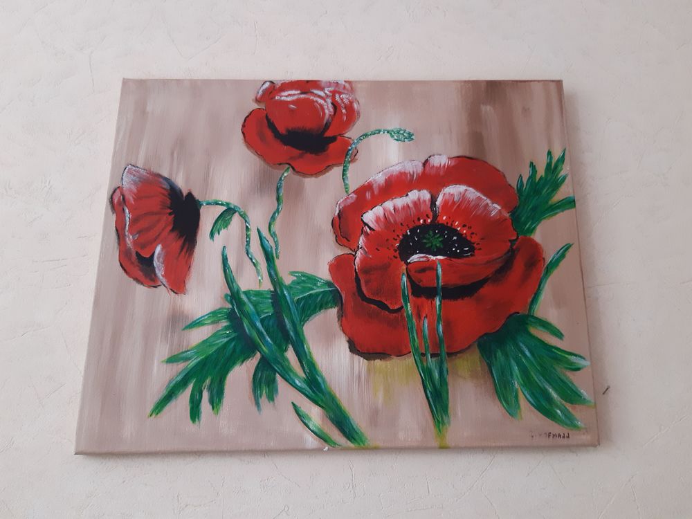 Lot Vase + Tableau + Tiges Coquelicots. Décoration