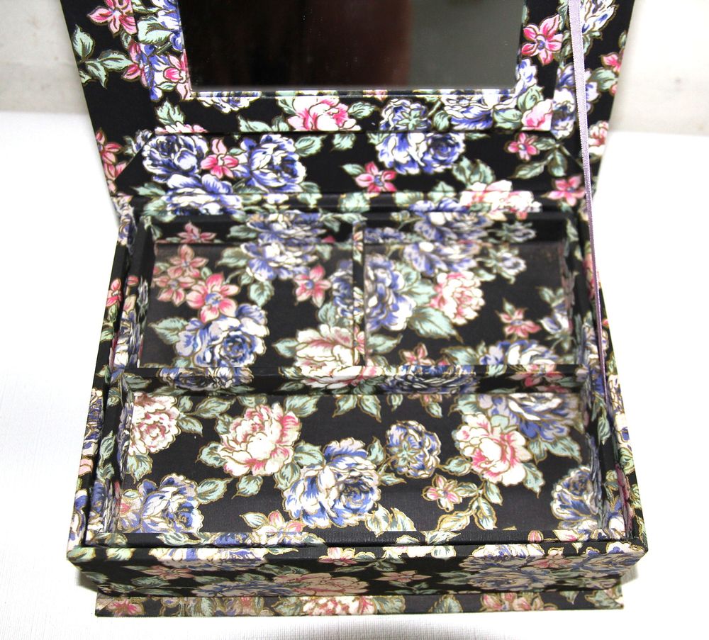Boite &agrave; bijoux en tissu motif roses sur fond noir.
Bijoux et montres