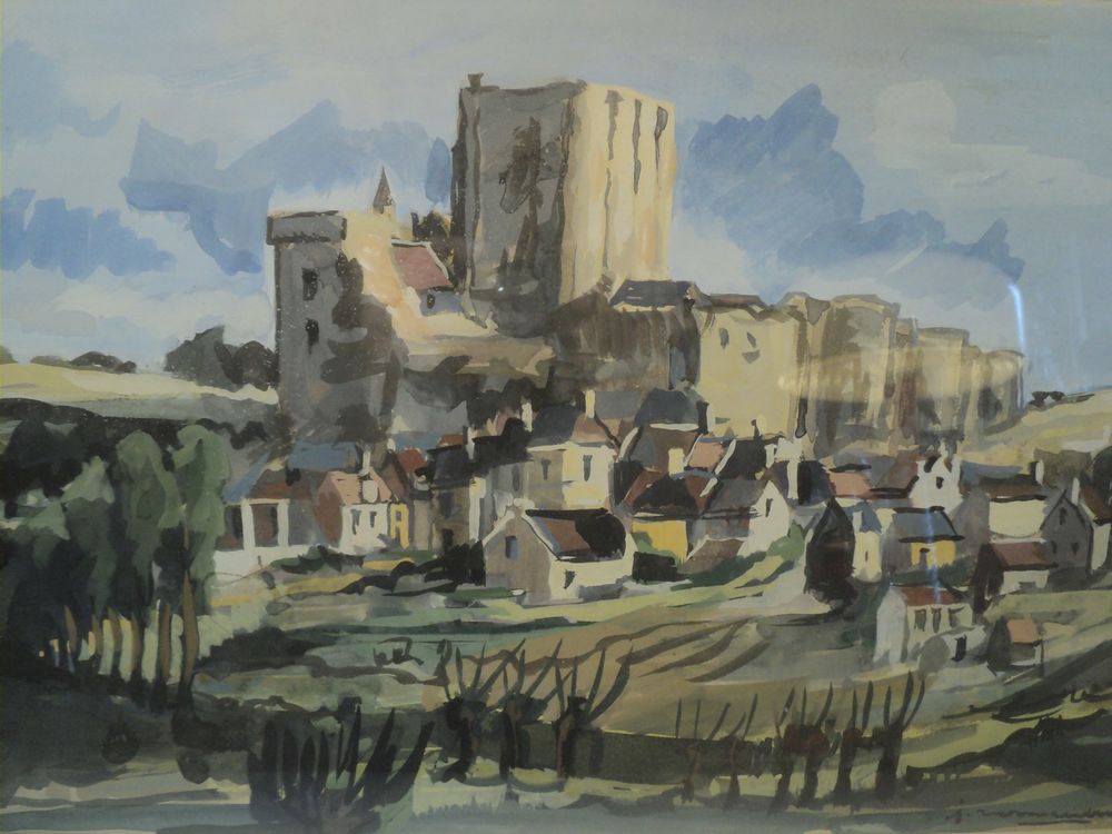 Tableau Vue du Donjon de Loches Dessin Gouache Sign&eacute;e. Décoration