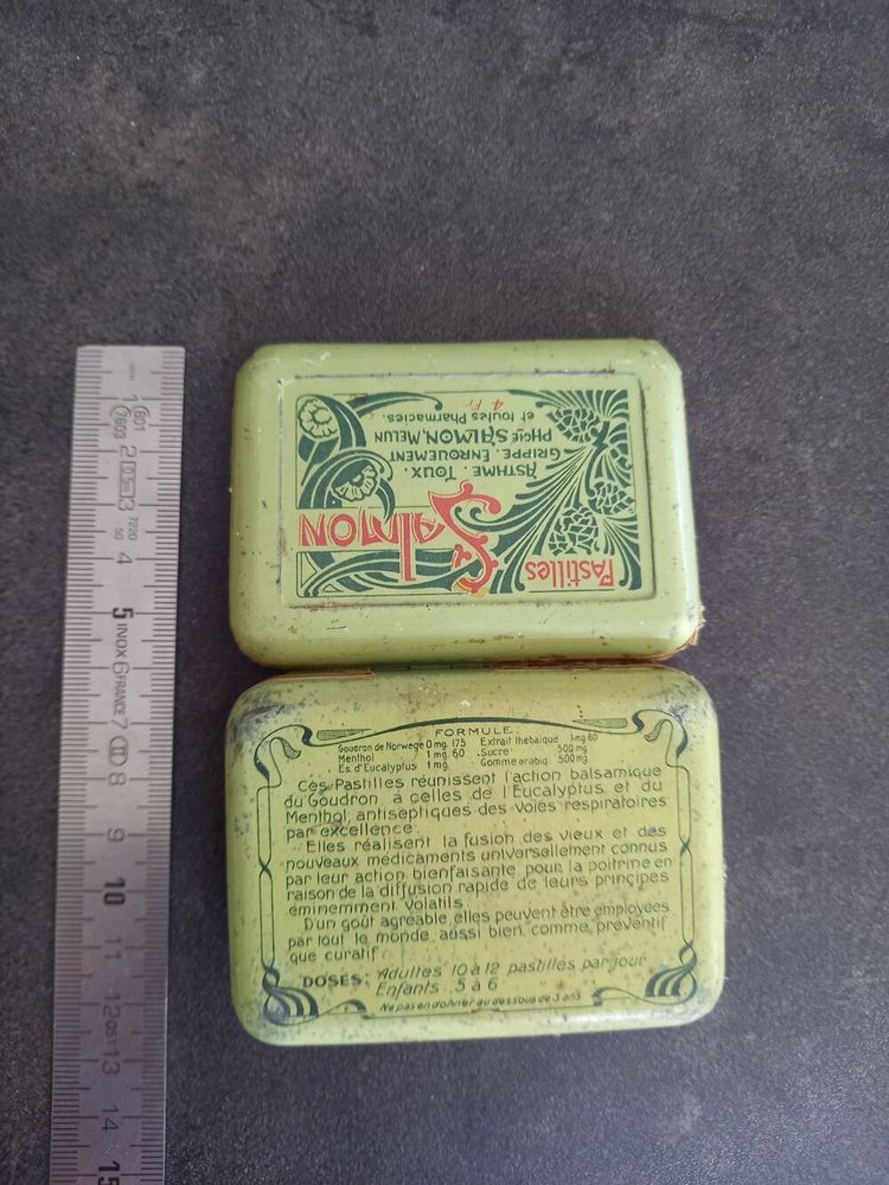 Boite m&eacute;tal ancienne Pastilles Salmon Asthme Toux Grippe Enr 