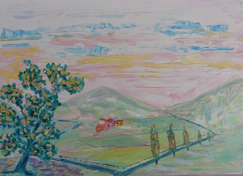 Peinture sur carton arbre maison et clôture signée 21 x 29,7 15 Castries (34)