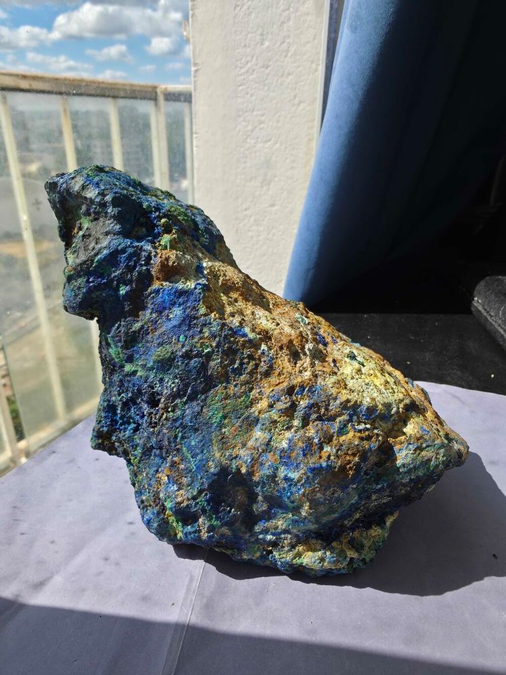 Magnifique Grande Pi&egrave;ce Min&eacute;rale Azurite &amp; Malachite Fibreuse RDC 17,6 cm 