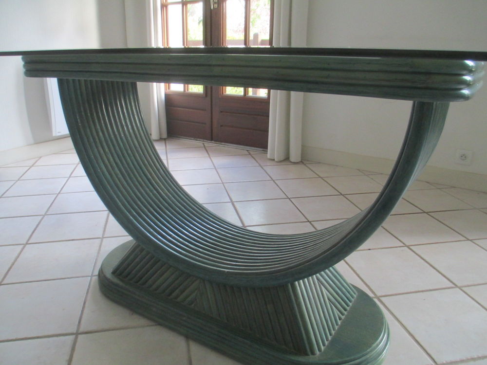 Buffet en osier et bambou laquage vert bleut&eacute; Meubles