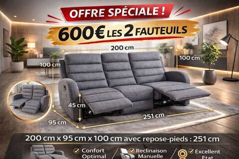 2 canapes relax 3 places et 2 places en tissu gris 600 Fresnes-sur-Escaut (59)