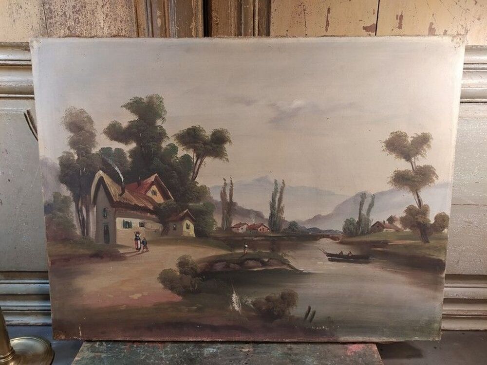 Ancien Tableau Paysage Barbizon XIX A restaurer 