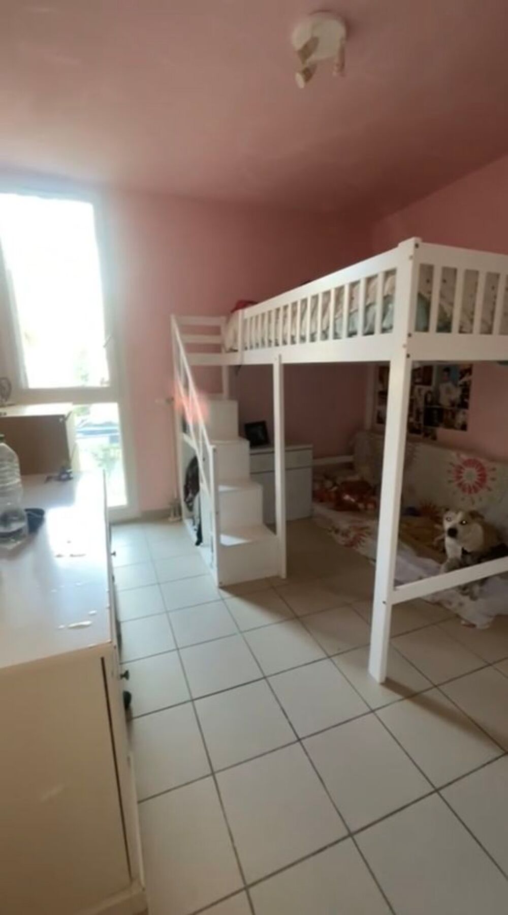 LIT MEZZANINE EN BOIS PIN MASSIF BLANC ET RANGEMENTS +NOTICE Meubles
