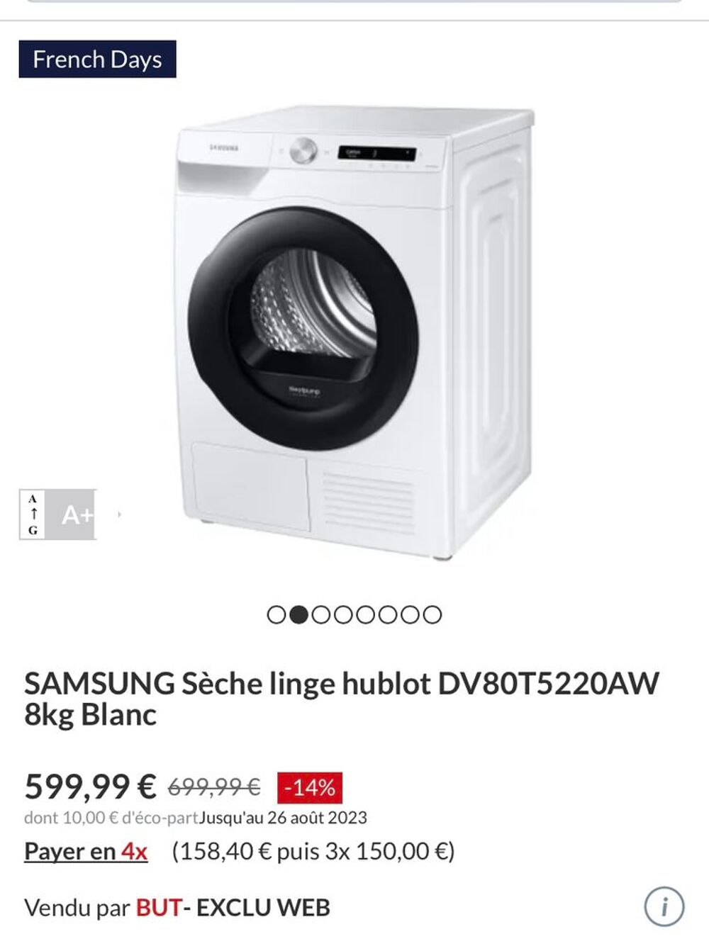 S&egrave;che linge 8 kg samsung classe A+ a condensation Electroménager