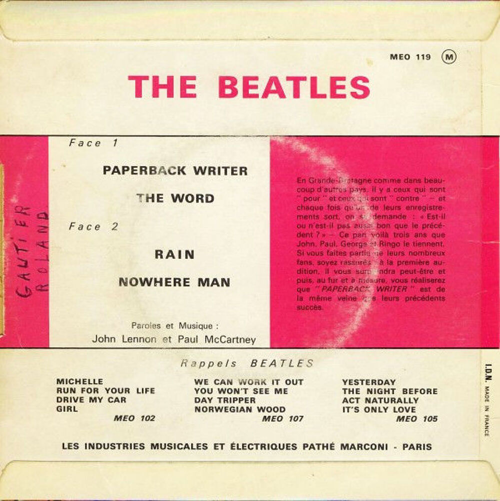 The Beatles ? Paperback Writer / Rain (EP Odeon 1966) ? CD et vinyles