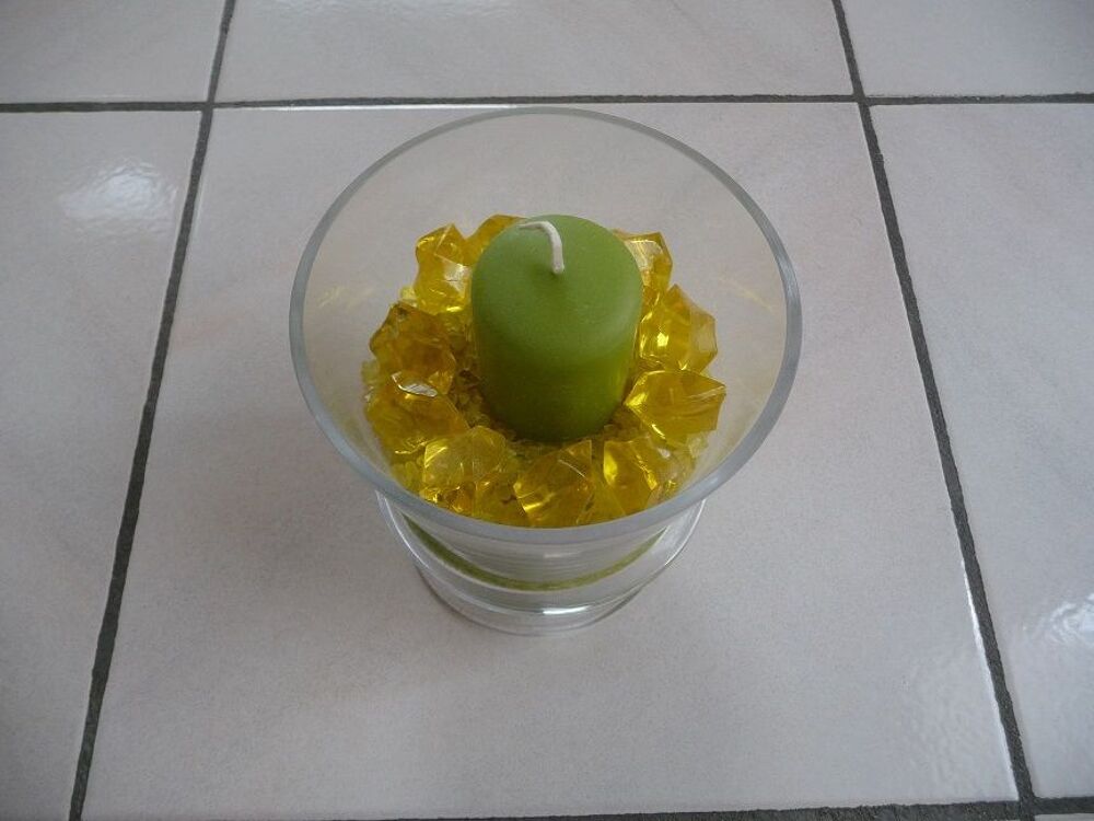 Coupe verre + bougie sur sable vert &amp; jaune NEUVE Décoration
