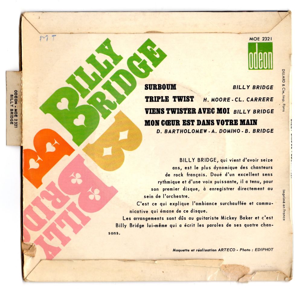 EP Billy BRIDGE : Surboum - 1er EP Odeon MOE 2321 - 1962 CD et vinyles
