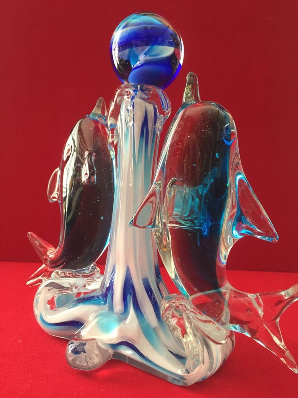 SCULPTURE VERRE DE MURANO VENISE ITALIE DAUPHINS ART D&eacute;co 