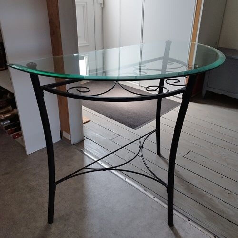 Console 1/2 lune plateau verre et pied m&eacute;tal noir Meubles