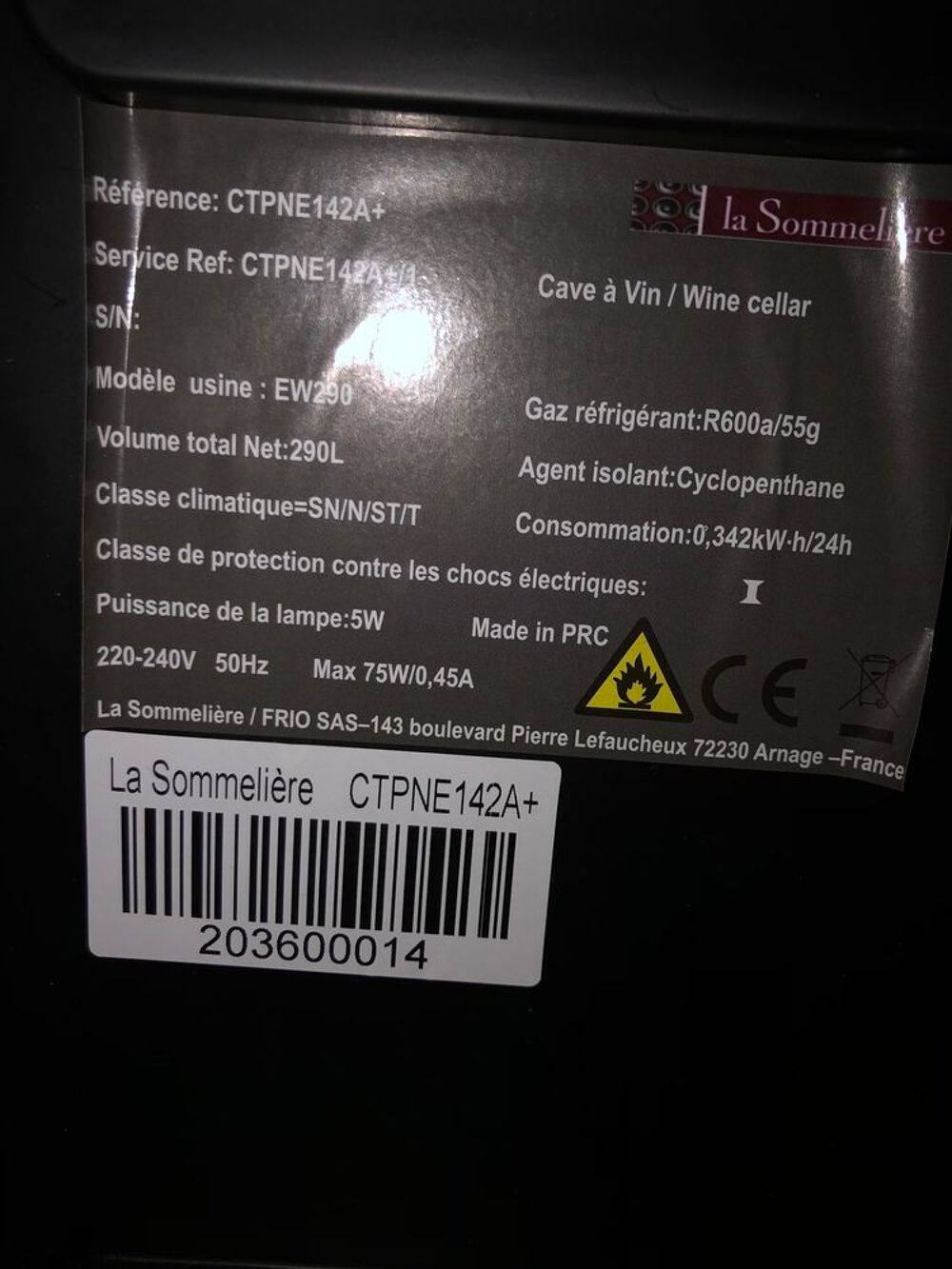 CAVE A VIN LA SOMMELIERE Electroménager