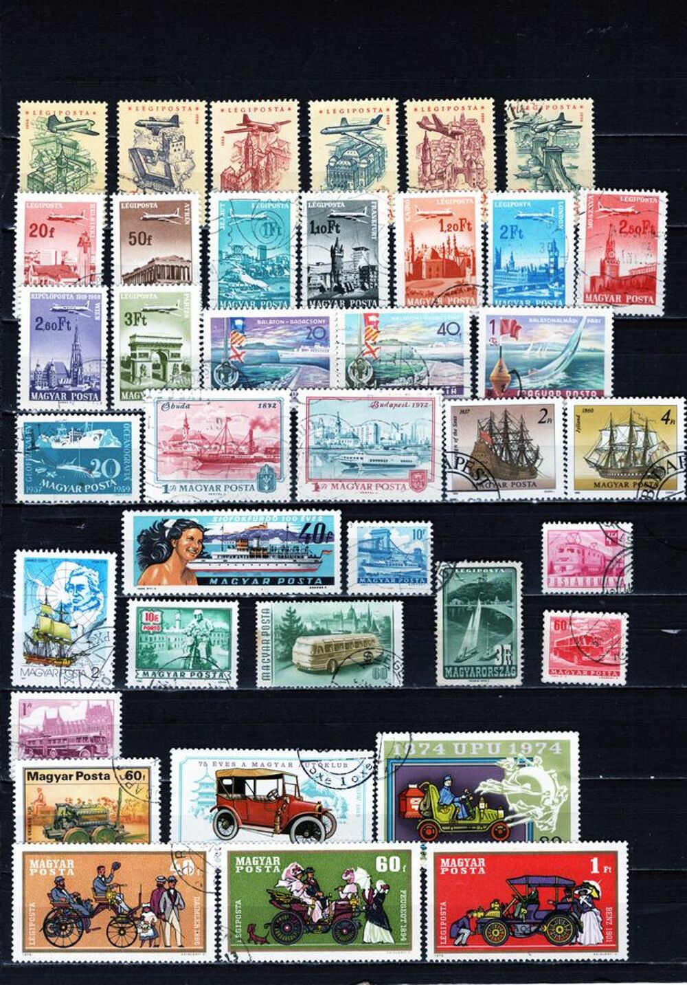 lot de 38 timbres de HONGRIE sur les MODES de TRANSPORTS 