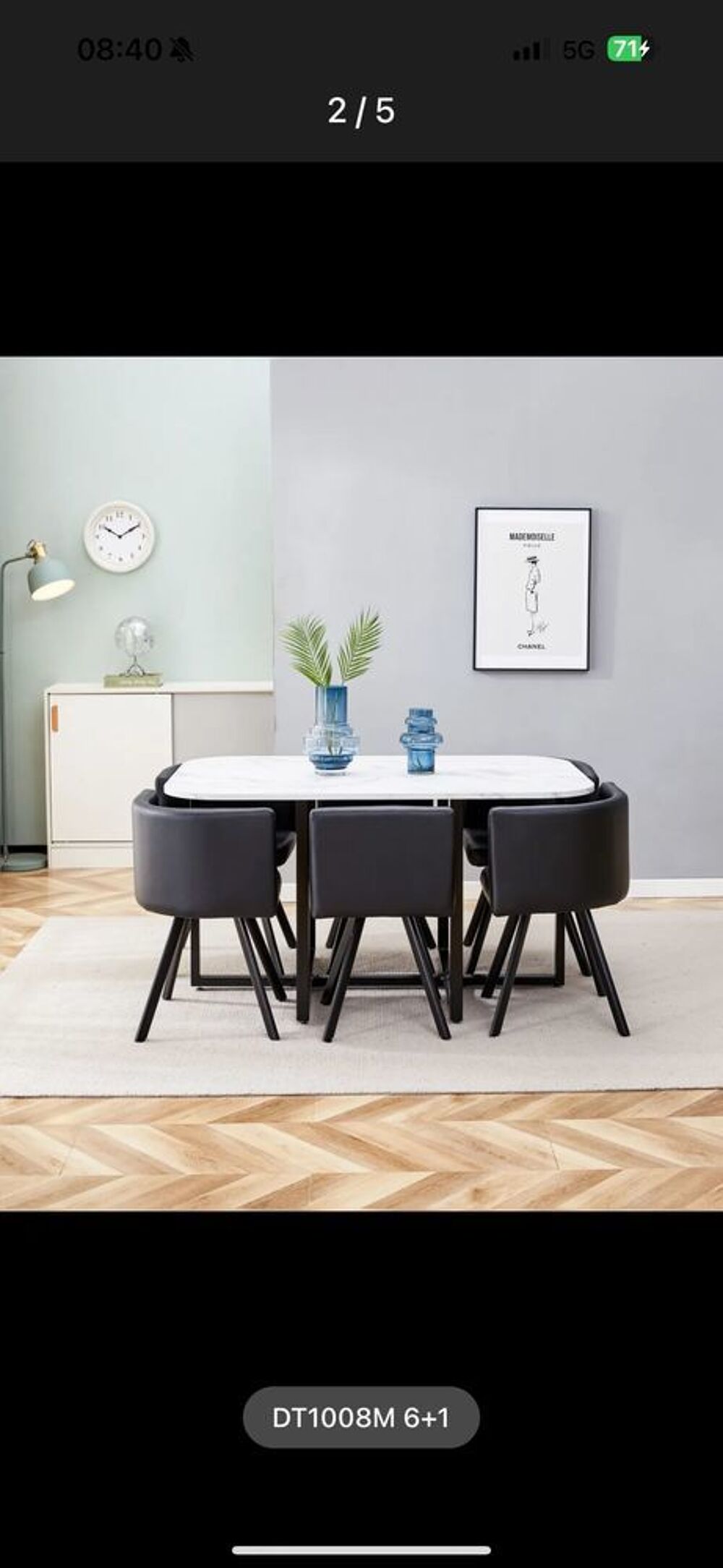 Table &agrave; manger effet marbre + 6 chaises noires €" design moderne Meubles