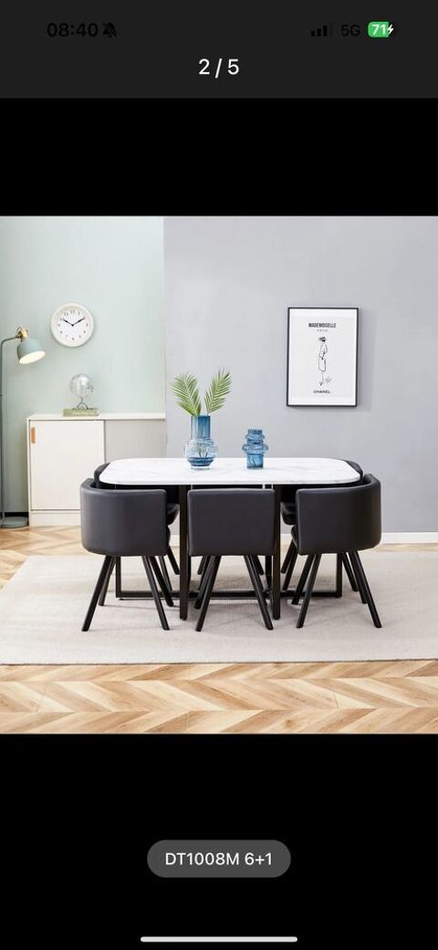 Table   manger effet marbre + 6 chaises noires   design moderne 499 Enghien-les-Bains (95)