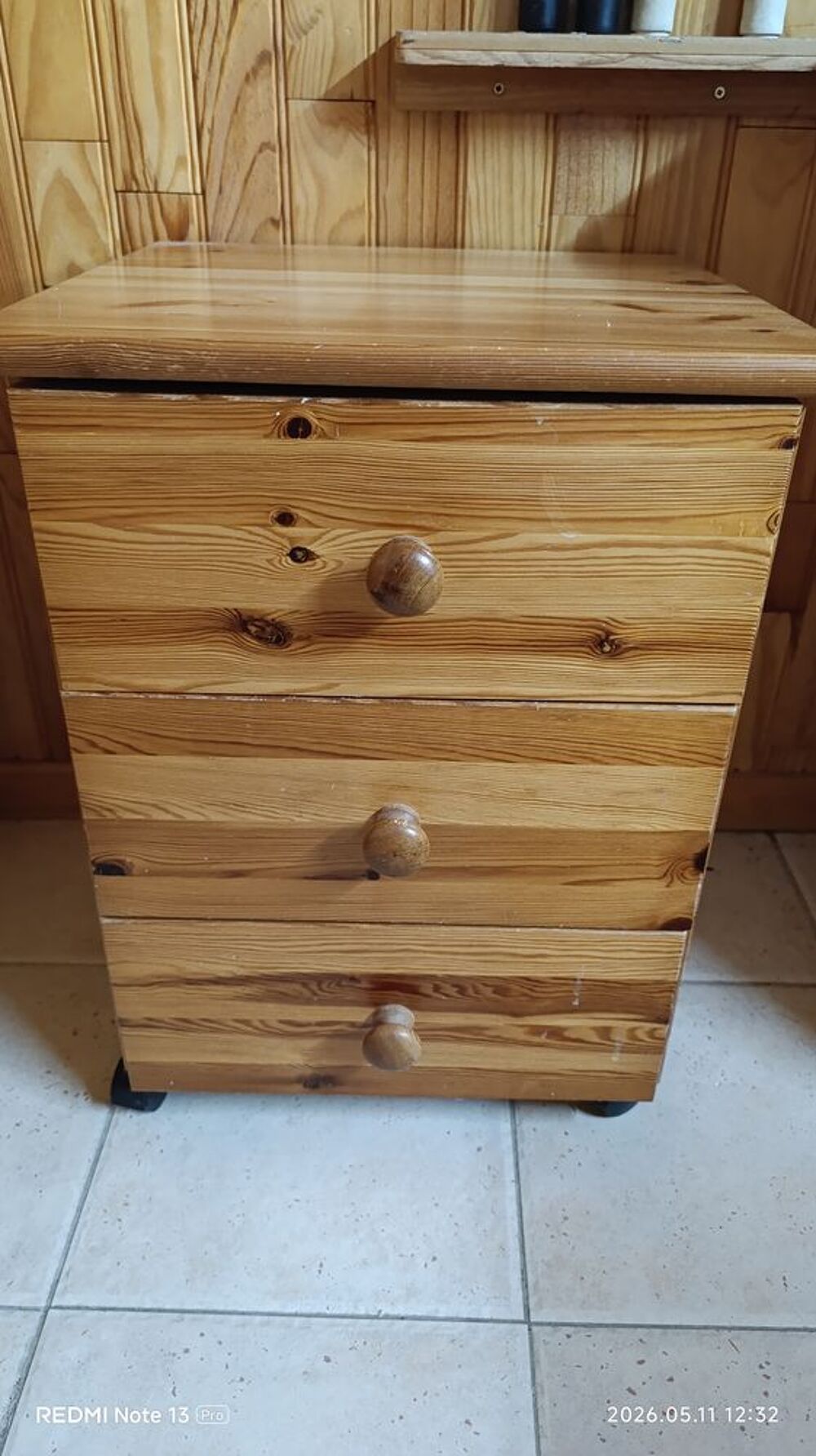Caisson 3 tiroirs pin massif Bureau ou Chevet Meubles