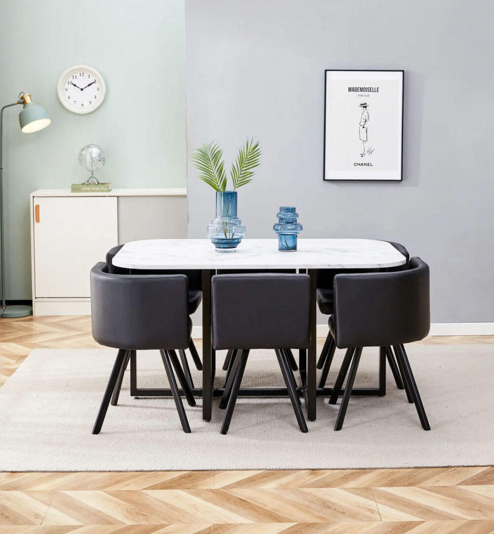 Table &agrave; manger effet marbre + 6 chaises noires €" design moderne Meubles