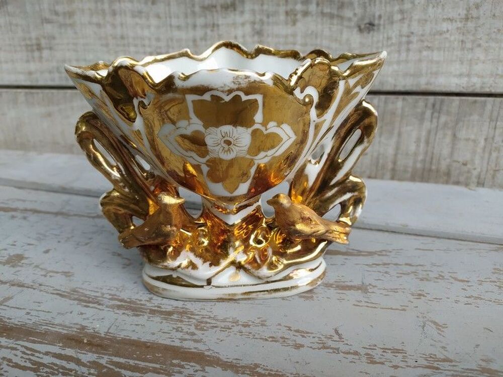 Ancien Vase de Mari&eacute;e XIXe Porcelaine Dor&eacute; Oiseaux Décoration