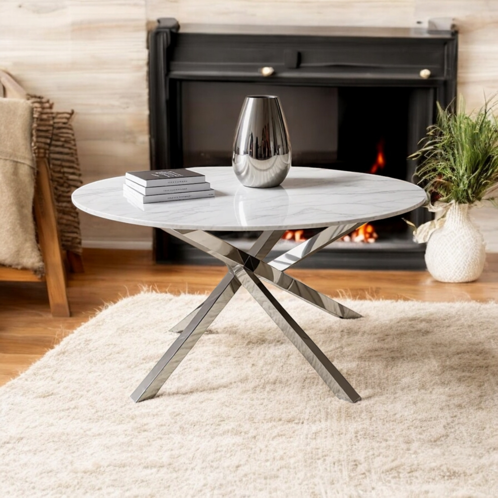 Table basse effet marbre blanc metal argent&eacute; Meubles