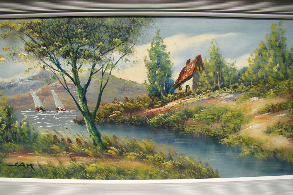 Tableau huile sur toile sign&eacute;e "La maison au bord du lac " Décoration