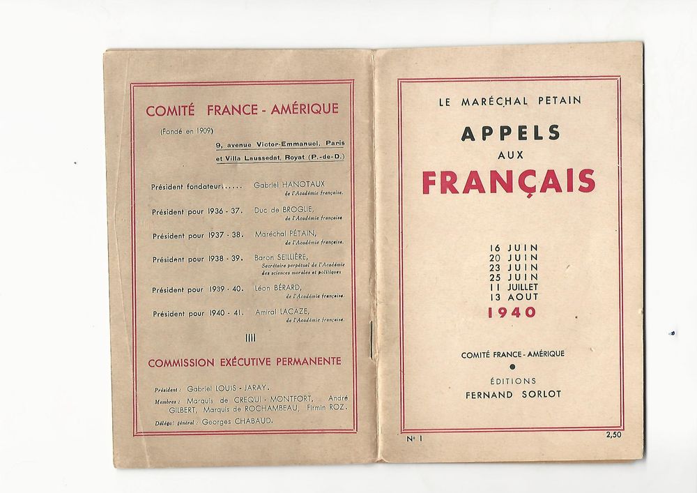 Fascicule rare du Mal P&eacute;tain "Appels aux Fran&ccedil;ais, 1940" 