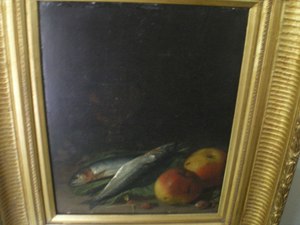 Huile sur bois d'acajou. Nature morte aux poissons et pommes 