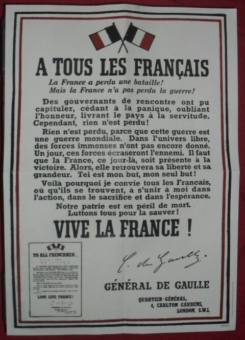 Affiche de l'appel du 18 juin 1940 du G�n�ral de Gaulle. 20 Montreuil (93)