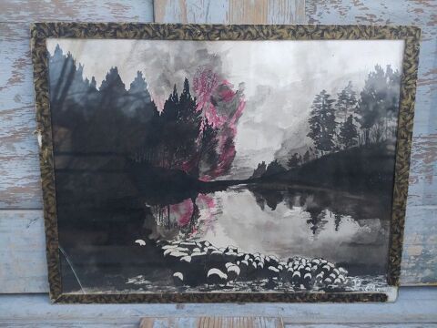 Tableau Dessin Paysage Lacustre Moutons Incendie B. Colonge 0 Loches (37)
