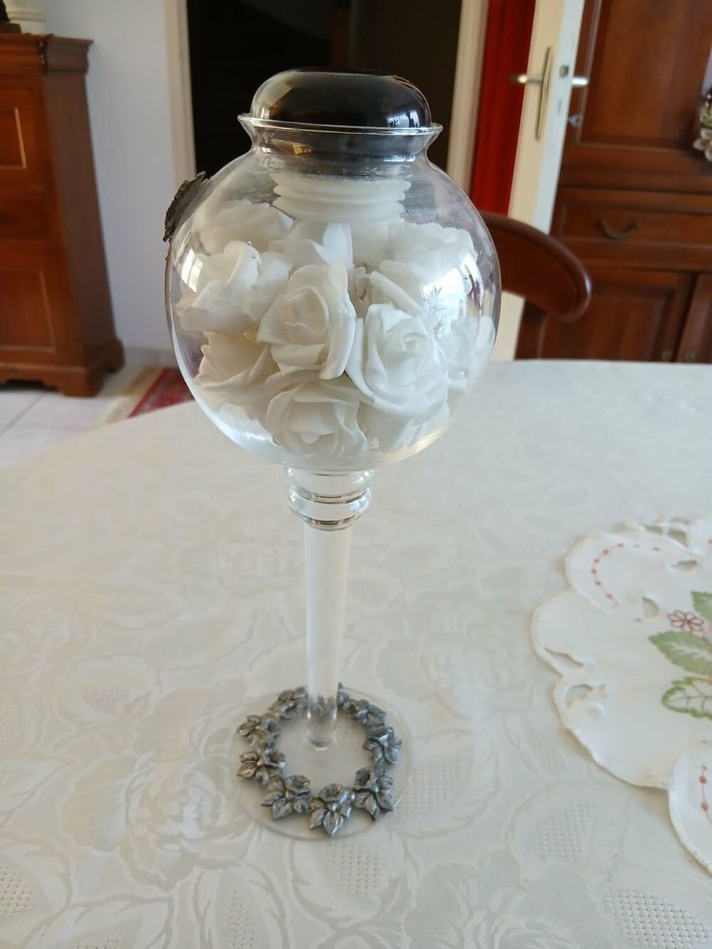 Vase photophore bomb&eacute; cristal orn&eacute; d'&eacute;tain N&deg; 1450 Décoration