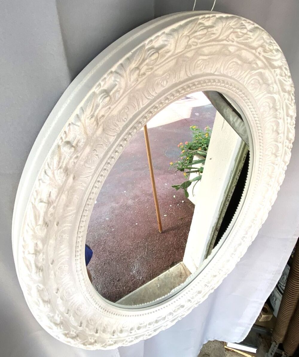 Grand Miroir en Bois Stuqu&eacute; Blanc Nacr&eacute; Shabby Chic Baroque Décoration