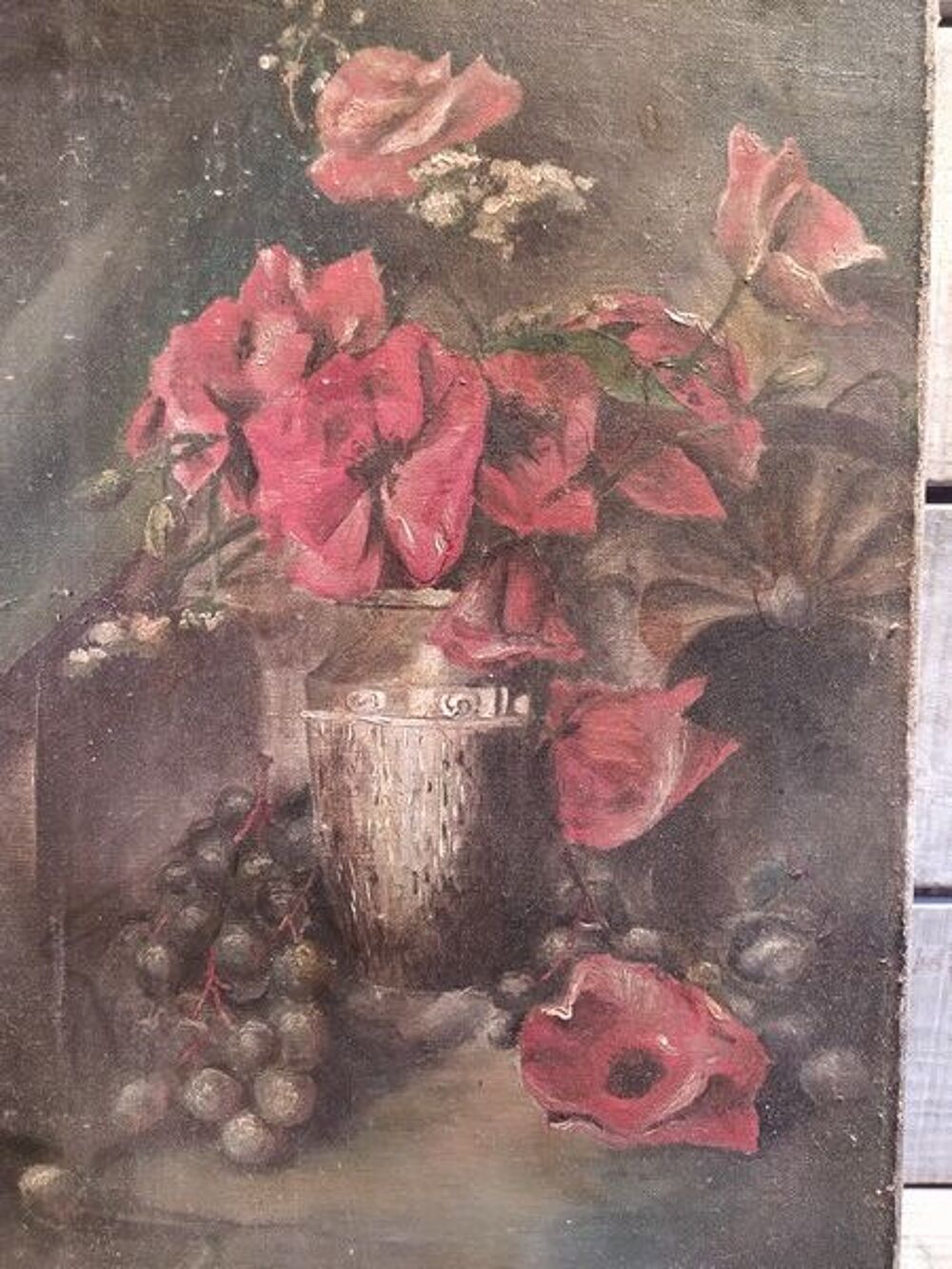 Tableau Nature Morte Coquelicots et Raisins Monogramme XIXe Décoration