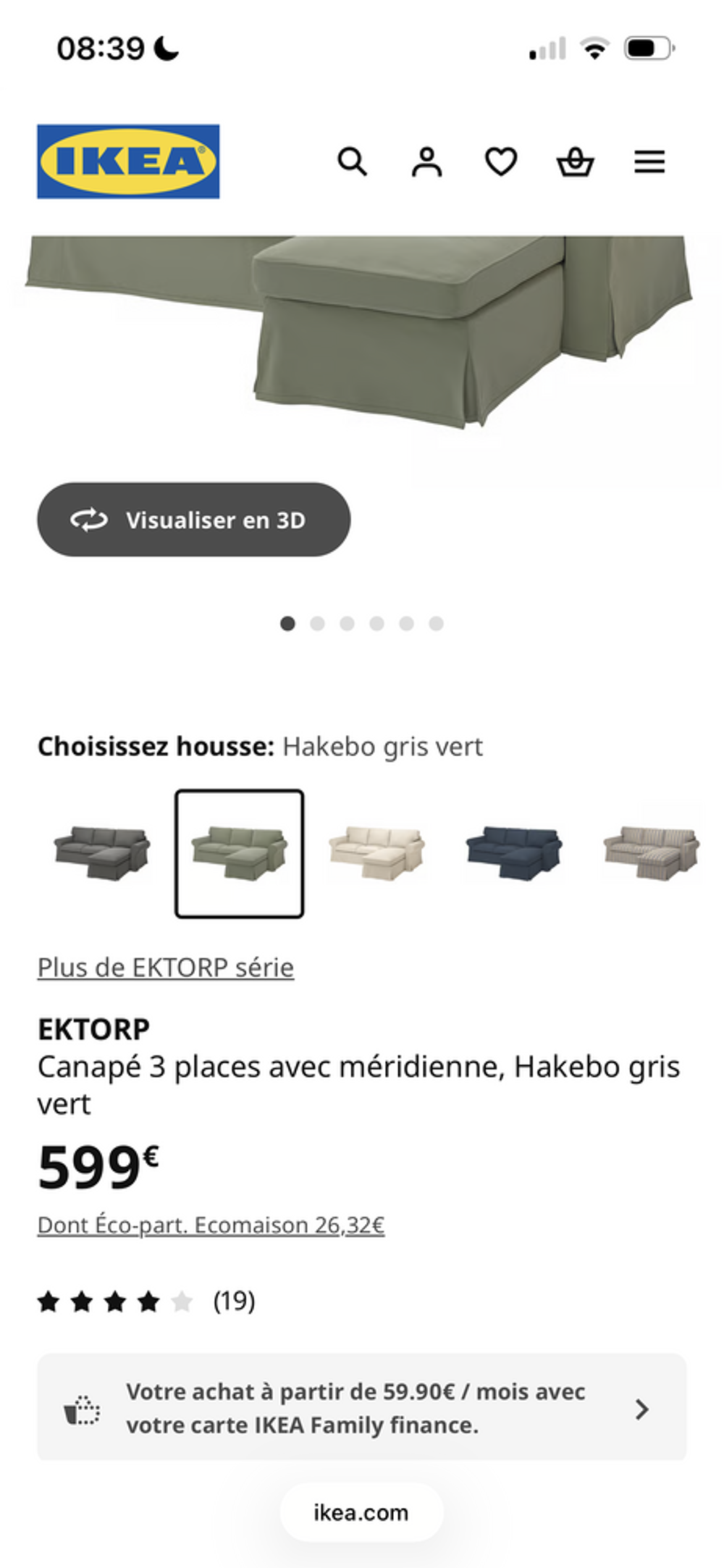 Canap&eacute; 3 places m&eacute;ridienne EKTORP IKEA Meubles