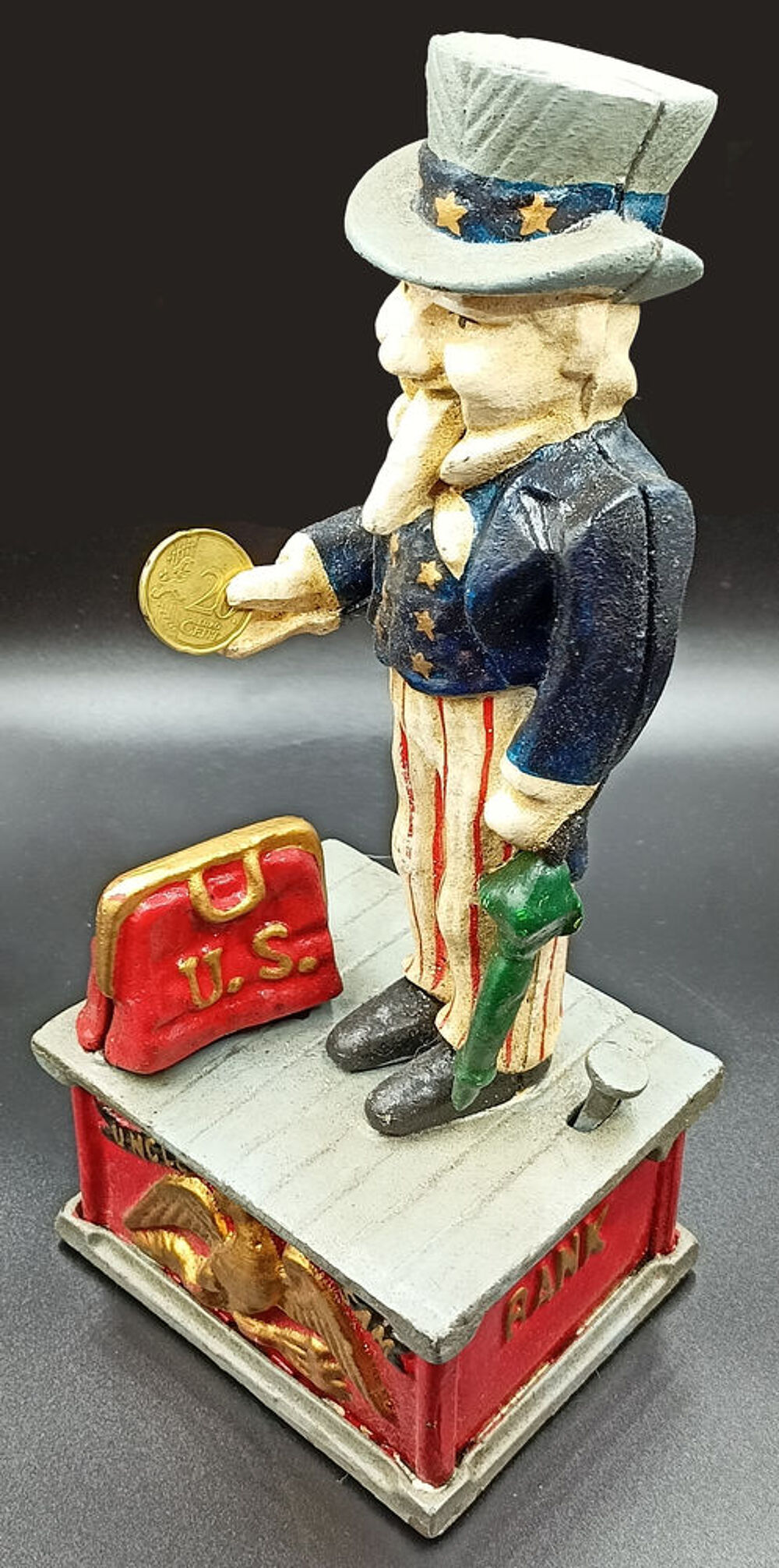Tirelire m&eacute;canique vintage am&eacute;ricaine en fonte Oncle Sam 