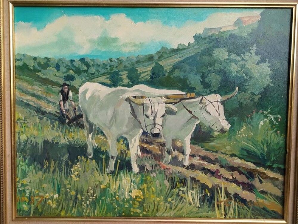 Tableau Peinture Sc&egrave;ne Paysanne Labour Attelage de Boeufs Décoration