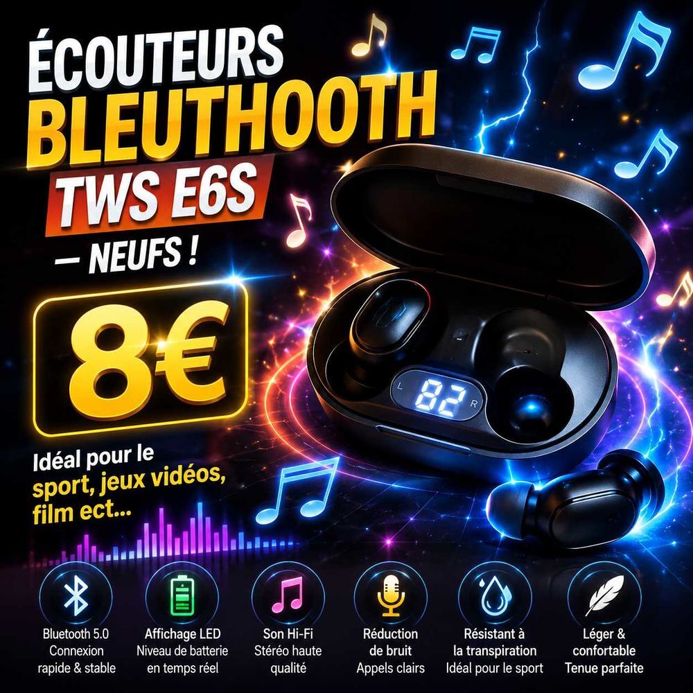 Cable chargeur usbc vers usbc 1 metre 120w
ECOUTEURS BLEUTHOOTH TWS E6S €" NEUFS ! 8€. Id&eacute;al pour le sport, jeux vid&eacute;os, film ect... Audio et hifi