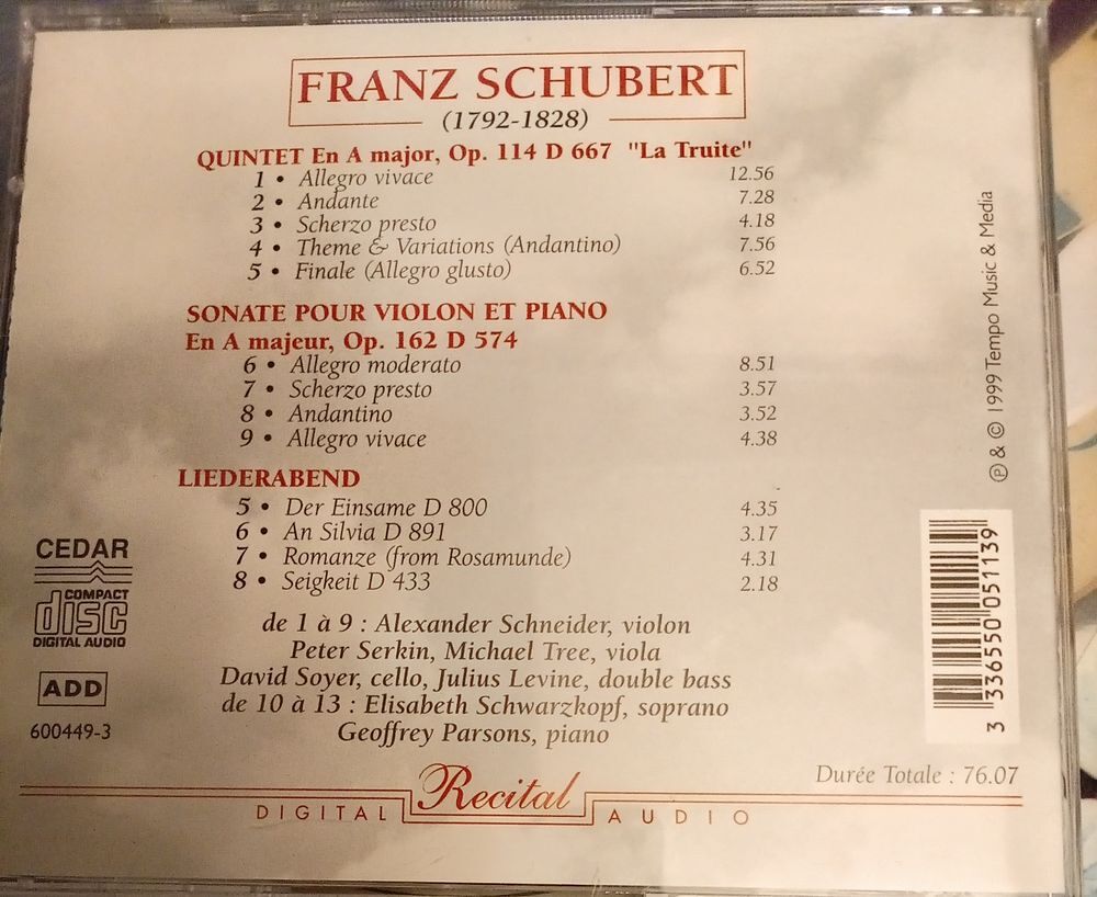 FRANTZ SCHUBERT / LA TRUITE SONATES POUR VIOLON ET PIANO /CD CD et vinyles
