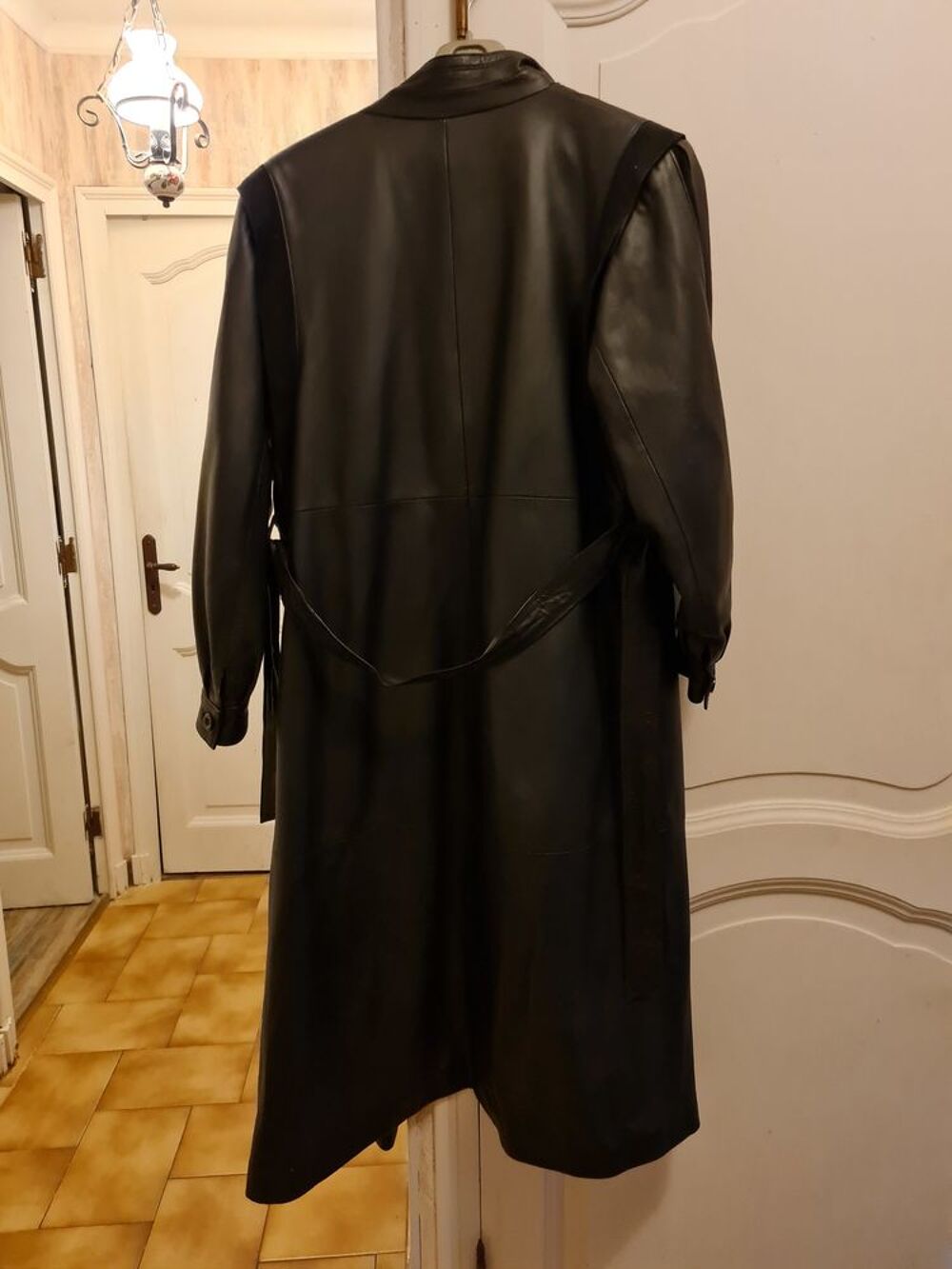Long Manteau en cuir noir 42/44 Vtements