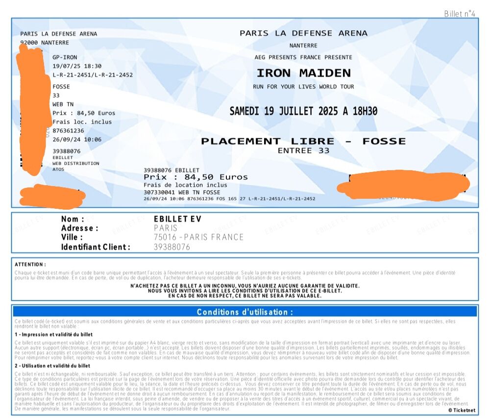 2 billets concert Iron Maiden Billetterie