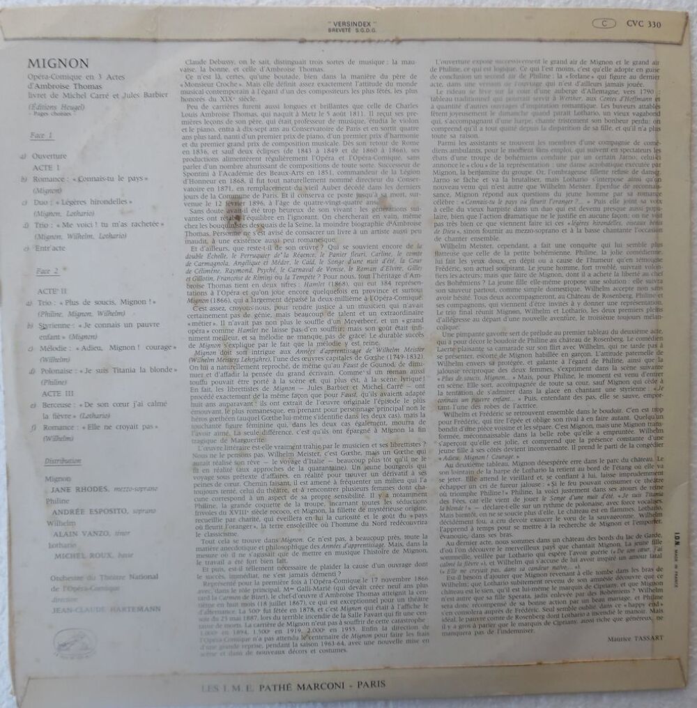 MIGNON Op&eacute;ra d'Ambroise thomas 33 Tours en tr&egrave;s bon &eacute;tat CD et vinyles