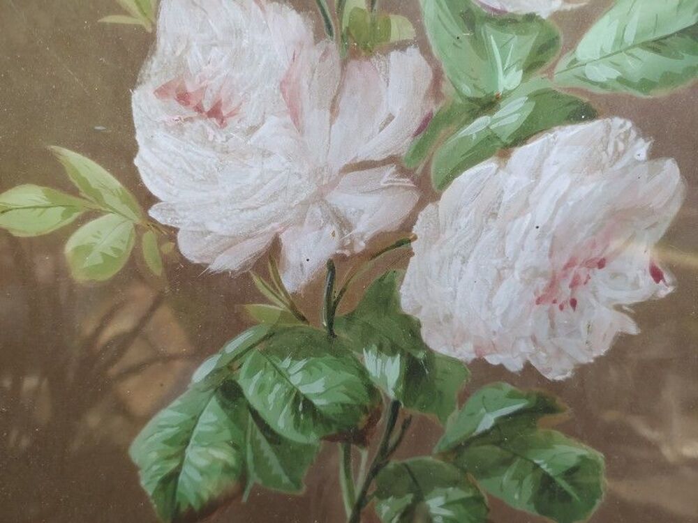 Ancien Tableau Fleurs de Rosiers Rose P&acirc;le Décoration