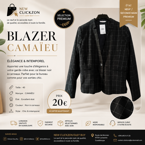Veste à carreau pour femme CAMIEU, taille 40 avec épaulette, 20 Lamentin (97)