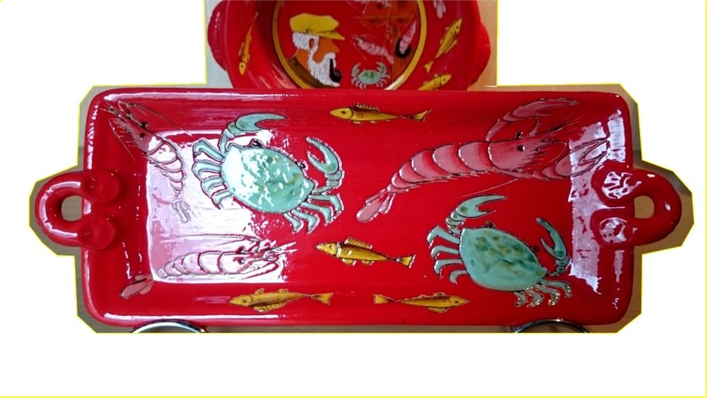 Poterie rouge th&egrave;mes mer pecheur crevette crabe poisson plat Décoration