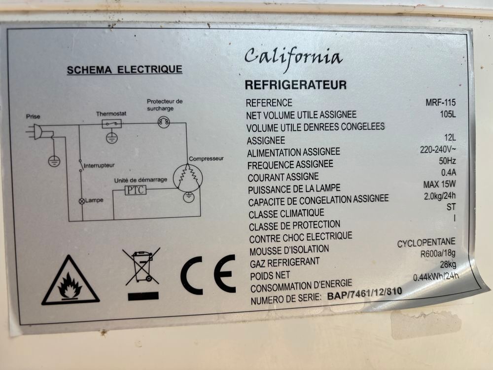 R&eacute;frig&eacute;rateur California 105 Litres Electroménager