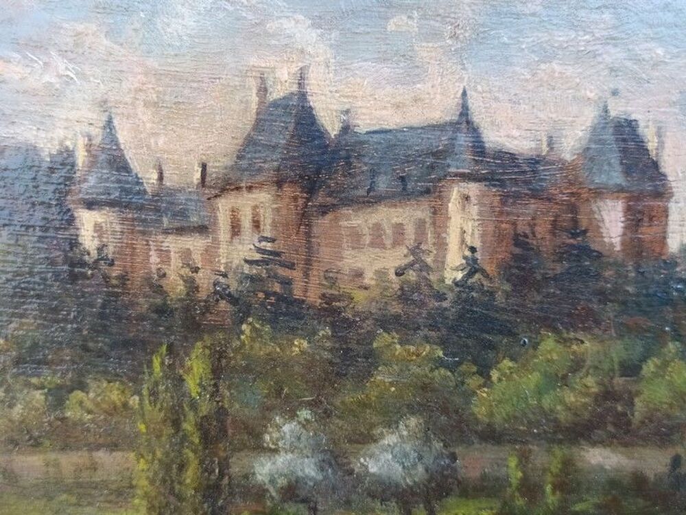 Tableau Peinture sur Bois Ch&acirc;teau XIX&egrave;me Cadre Dor&eacute; Feuille 